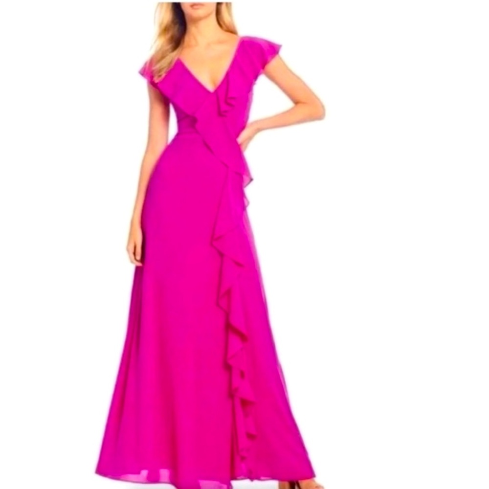 NWT Belle Badgely Mischka Jessica Gown Dress, Hot Pink, Fuchsia, Ruffled, Size 0